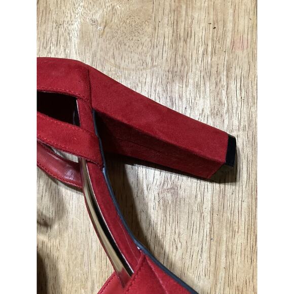 Womens High Block Heel Ankle Strap Open Toe Red Faux Suede Shoes Size 8.5 - Picture 9 of 14